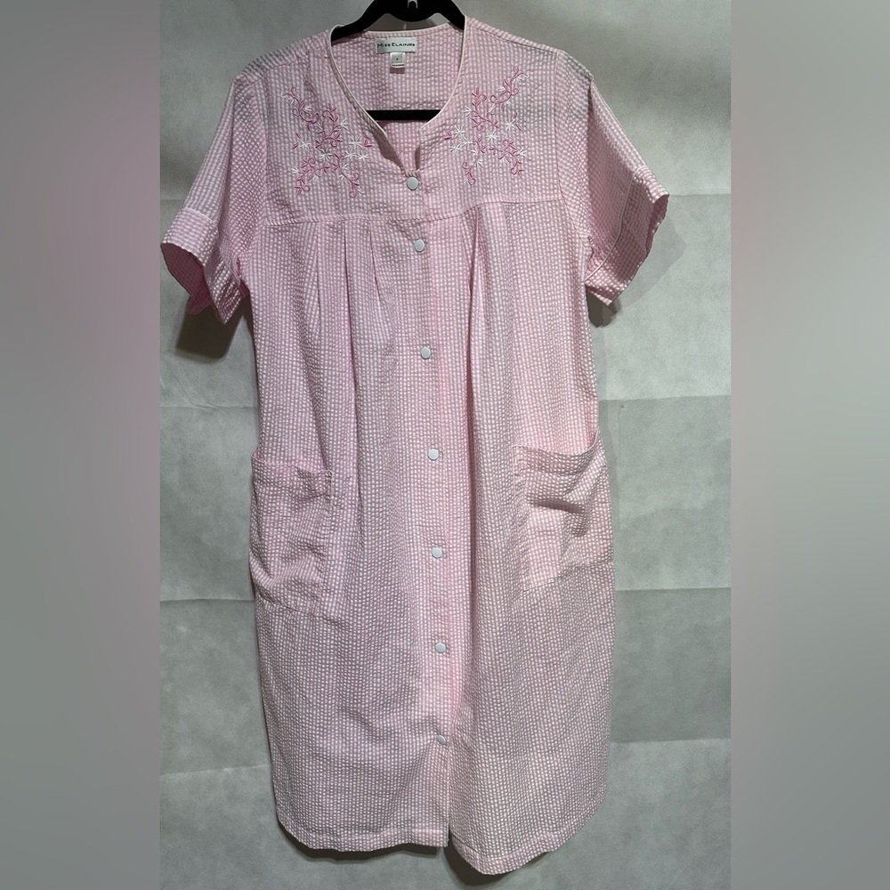 Miss Elaine Pink Gingham Seersucker Snap Front Robe Housecoat Mumu Womens Small